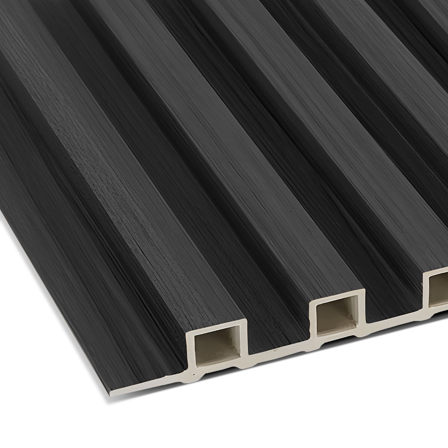 Close-up of Landmark Decors Black WPC Fluted Slat Wall Panel, featuring grooved composite design with visible hollow core at the edges. Its matte surface adds texture, shown angled to highlight groove depth—ideal for accent walls.