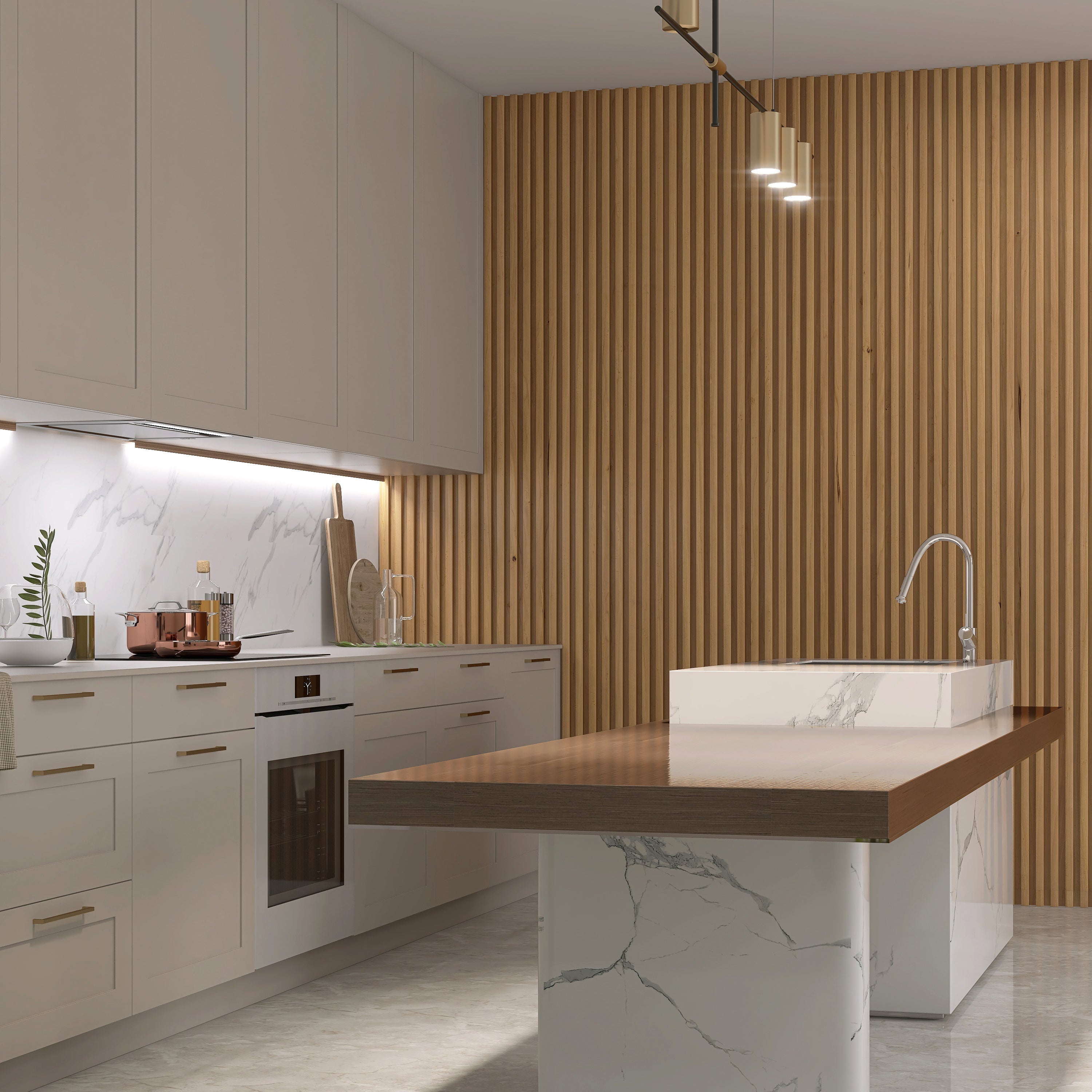 Modern kitchen with a white island featuring marble accents and a wooden countertop. Highlights include Landmark Decors Natural Wood Color WPC Fluted Slat Wall Panel, white cabinets with under-cabinet lighting, and a sleek faucet. Minimalist design showcases clean lines and neutral tones.