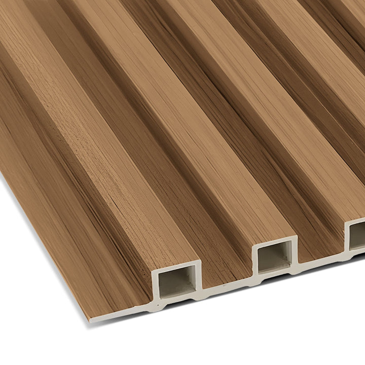 Close-up of the Landmark Decor Natural Wood Color WPC Fluted Slat Wall Panel, featuring alternating light brown grooves and white internal structures that mimic wood texture. This modern geometric design is elegant wall cladding for acoustical spaces, perfect for decorative or architectural use.