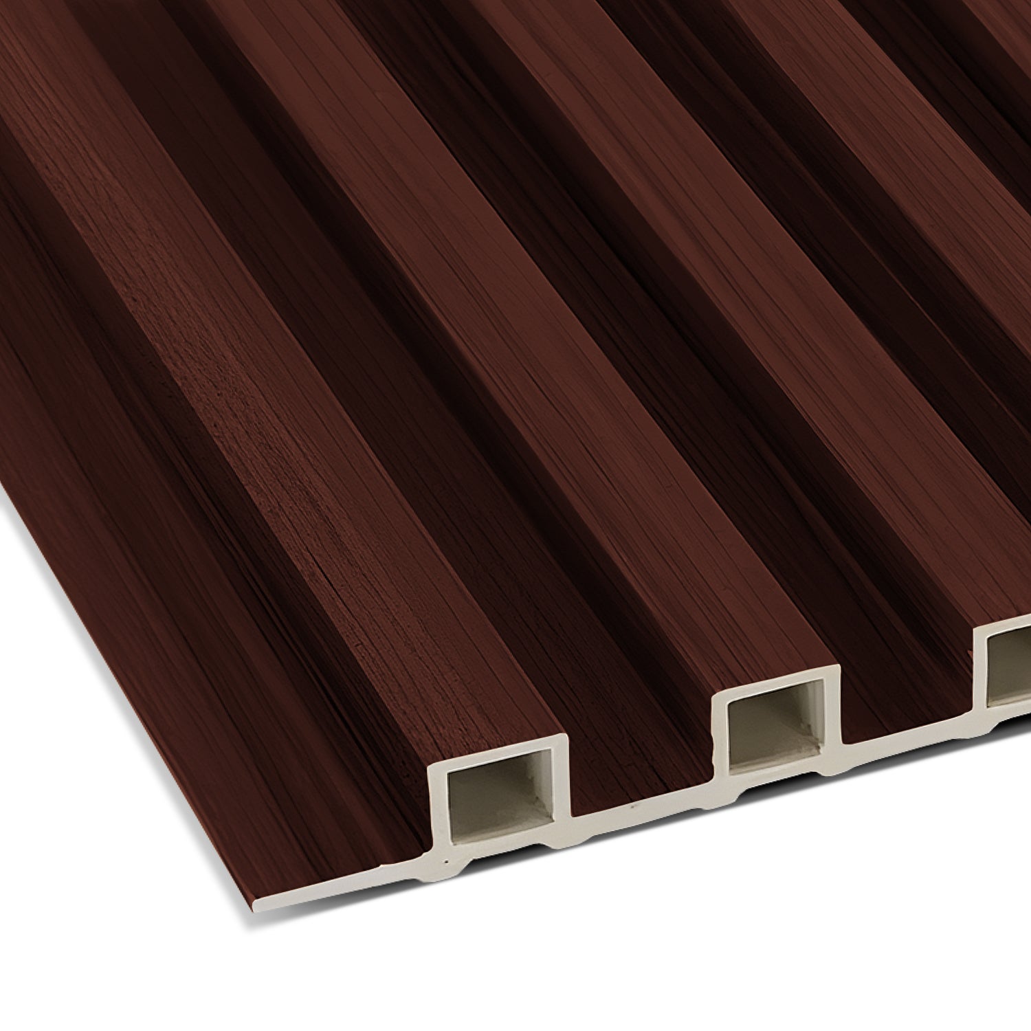 Close-up of the Chocolate brown WPC Fluted Slat Wall Panel by Landmark Decor, featuring a brown wood-textured exterior with parallel grooves and a white interior. This panel exhibits a modern, linear design crafted from composite materials.