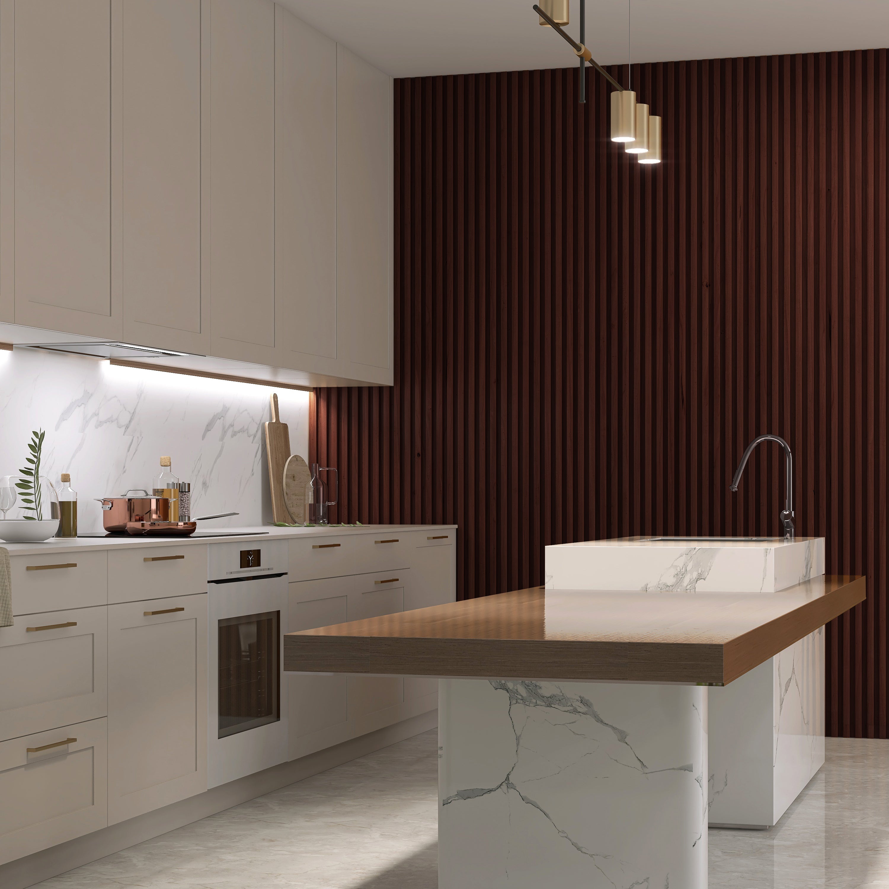 Modern kitchen with white cabinets and a marble island. A Landmark Decor Chocolate brown WPC Fluted Slat Wall Panel contrasts with the bright space. A kettle, cutting board, and plant sit on the countertop. Three pendant lights hang above the island, enhancing its elegance.