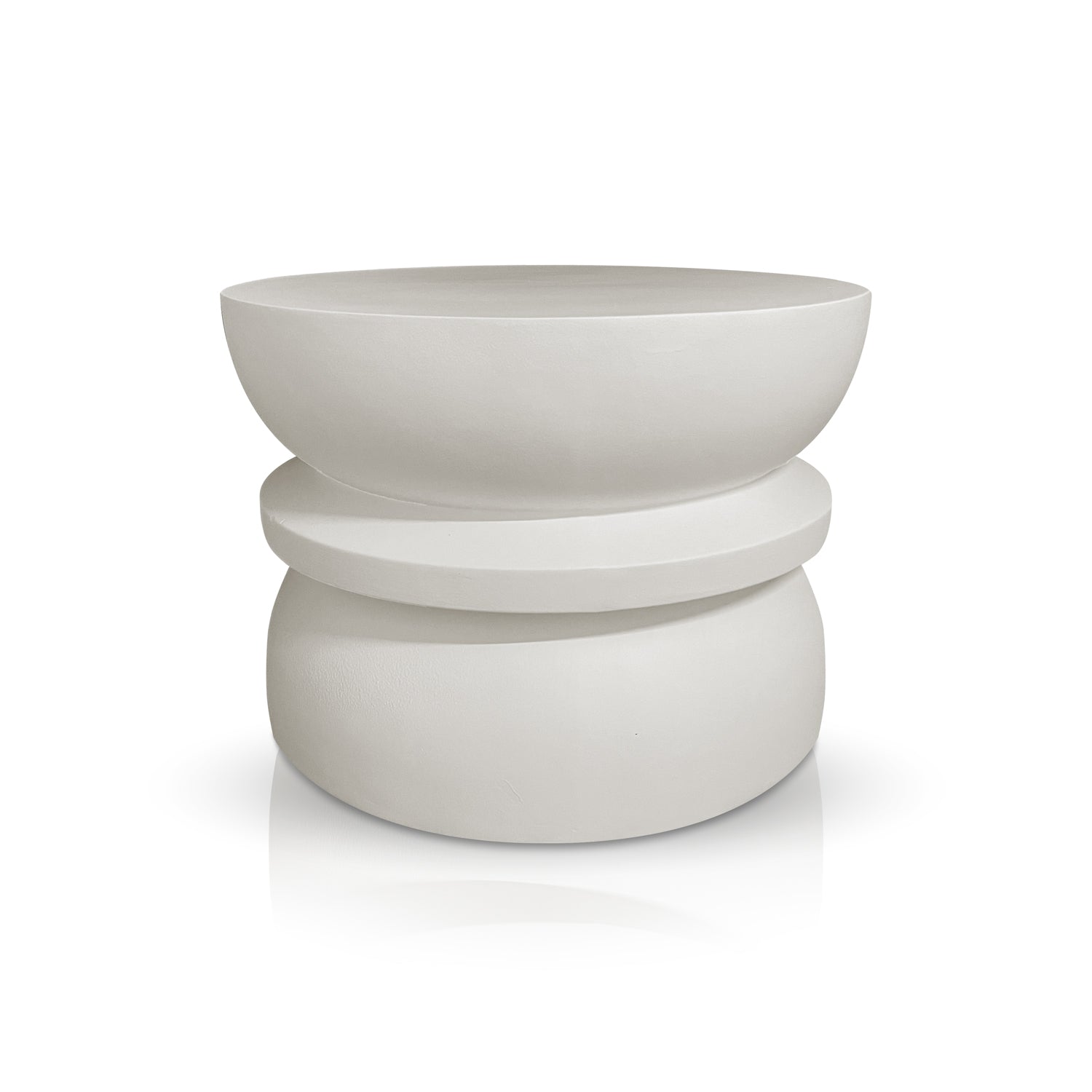 The Halo Harmony Stand by Landmark Decor is a modern, minimalist white ceramic bowl with a unique stacked design featuring three rounded tiers. This luxury piece, reminiscent of handmade planters, has a smooth matte finish set against a plain white background.