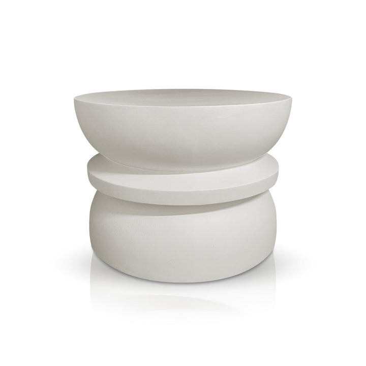The Halo Harmony Stand by Landmark Decor is a modern, minimalist white ceramic bowl with a unique stacked design featuring three rounded tiers. This luxury piece, reminiscent of handmade planters, has a smooth matte finish set against a plain white background.