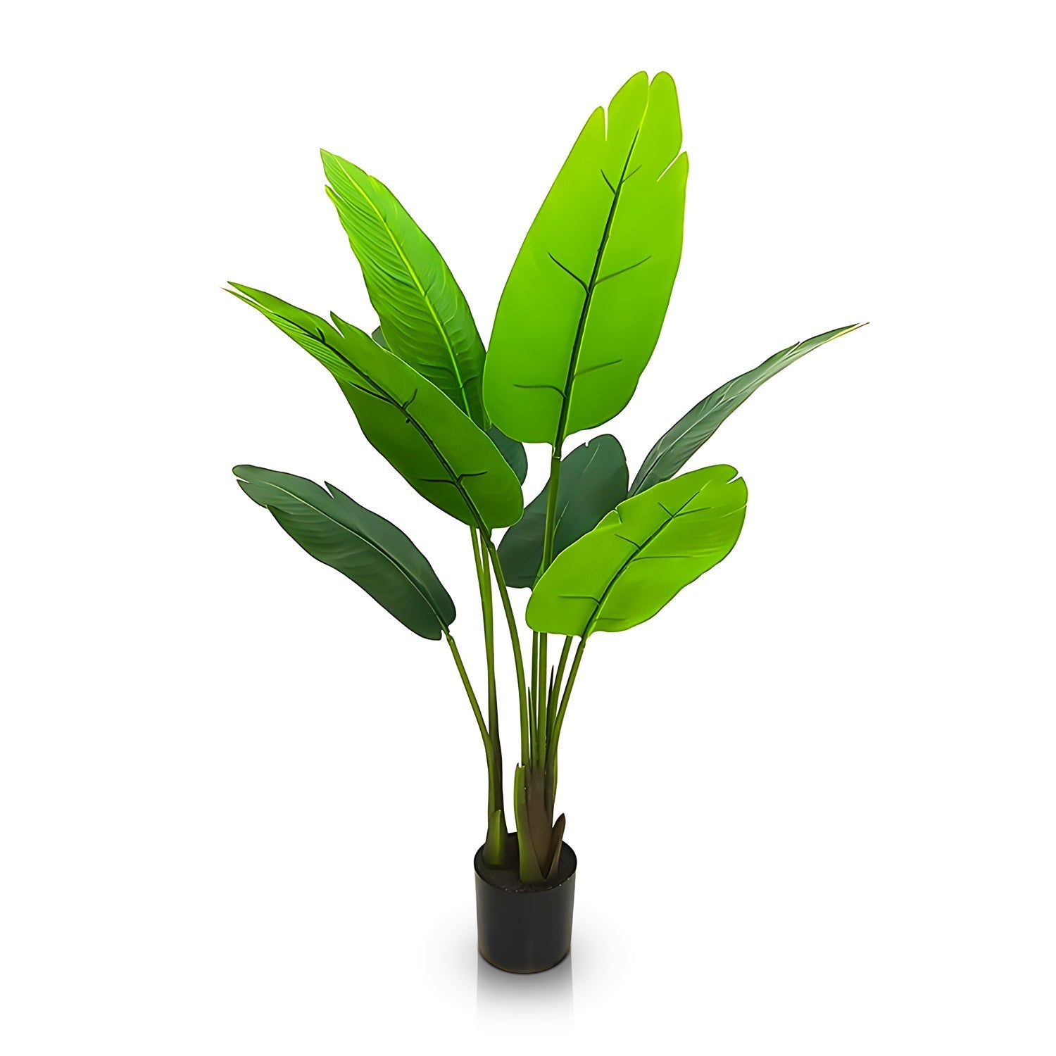 The Banana Charm by Landmark Decor is a tall potted artificial plant with large, vibrant green leaves resembling Strelitzia banana leaves. Set in a black pot against a white background, it effortlessly elevates any space to 110% sophistication.
