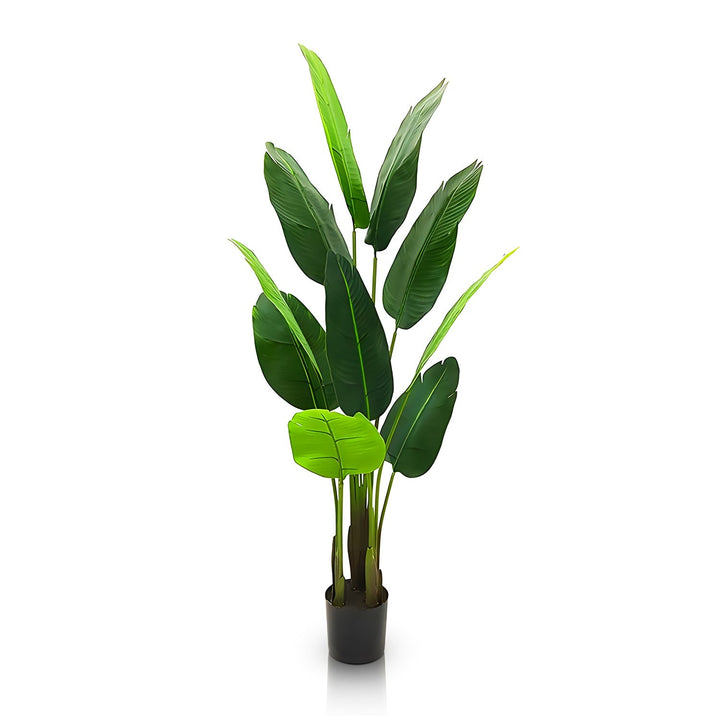 Island Splendor by Landmark Decor features an artificial tropical plant with large green leaves in a black pot set against a white background.