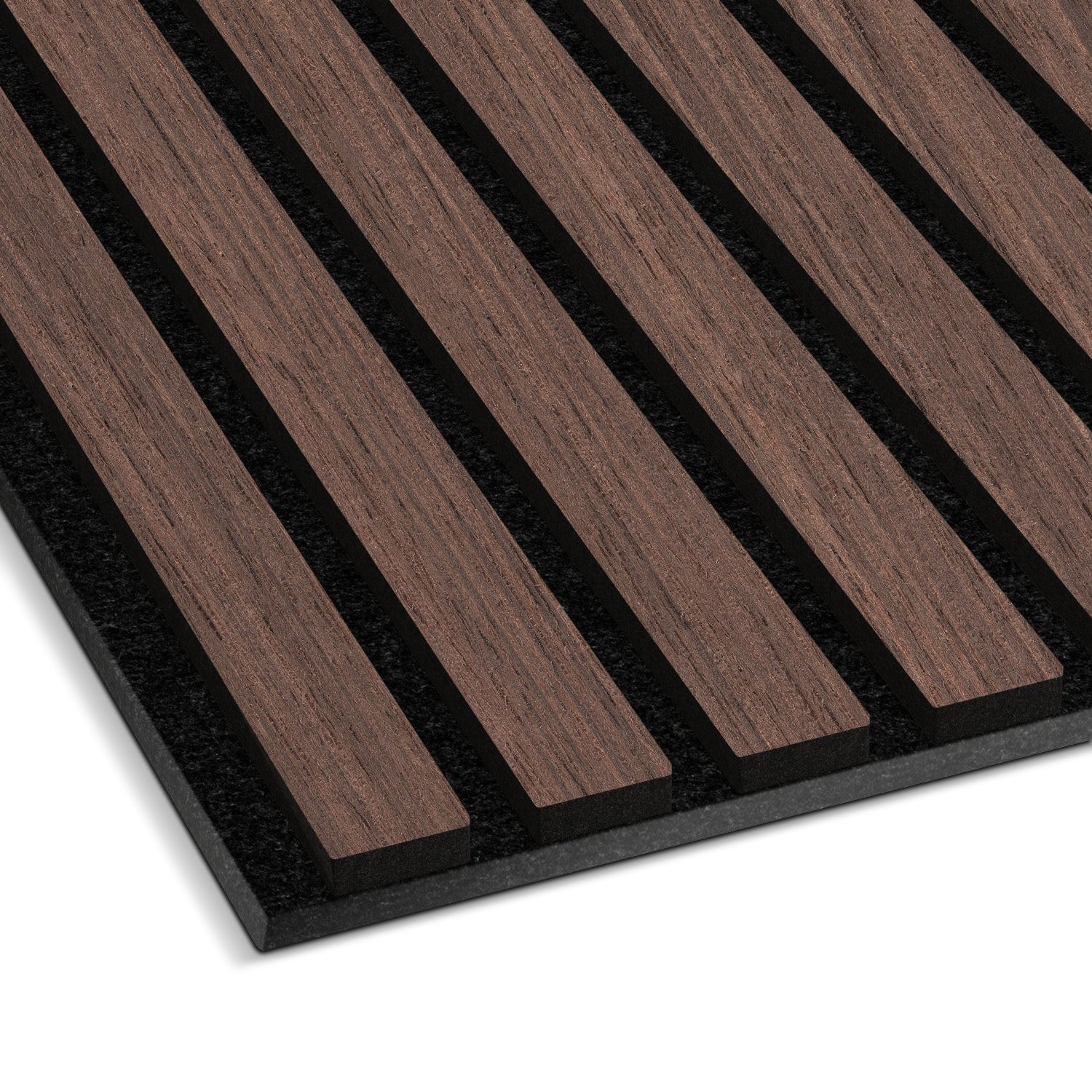 The Dark Smoke Oak Acoustic Slat Wall Panel by Landmark Decor displays evenly spaced vertical wooden slats in a dark brown finish against a black backdrop. The textured surface enhances depth and contrast while suggesting soundproofing, elevating luxury interior design aesthetics.