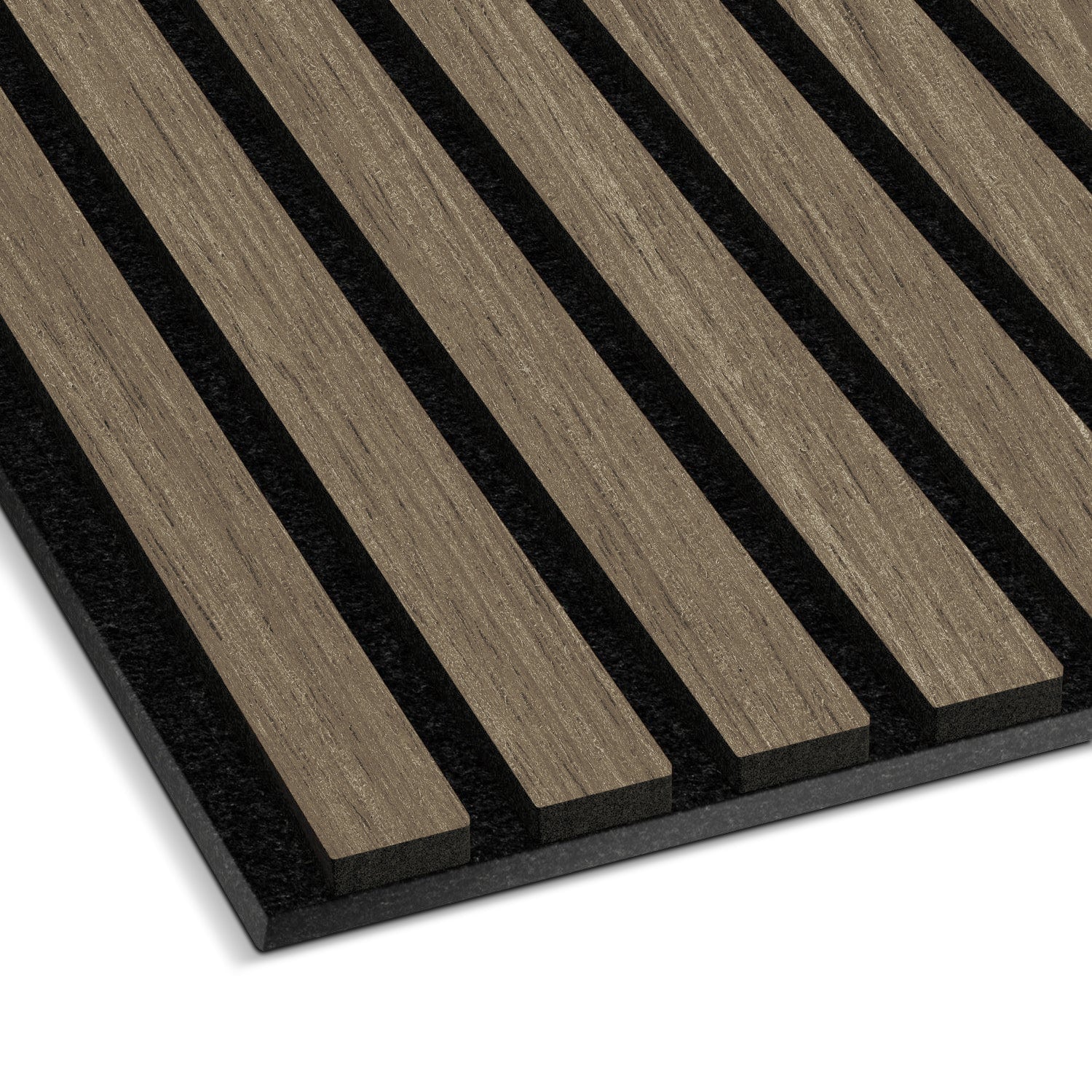The Walnut Acoustic Slat Wall Panel by Landmark Decor features evenly spaced wooden slats with a light brown finish over a black felt base, offering a textured design. The image highlights the contrast between the real wood panels and the black background, perfect for interior design.
