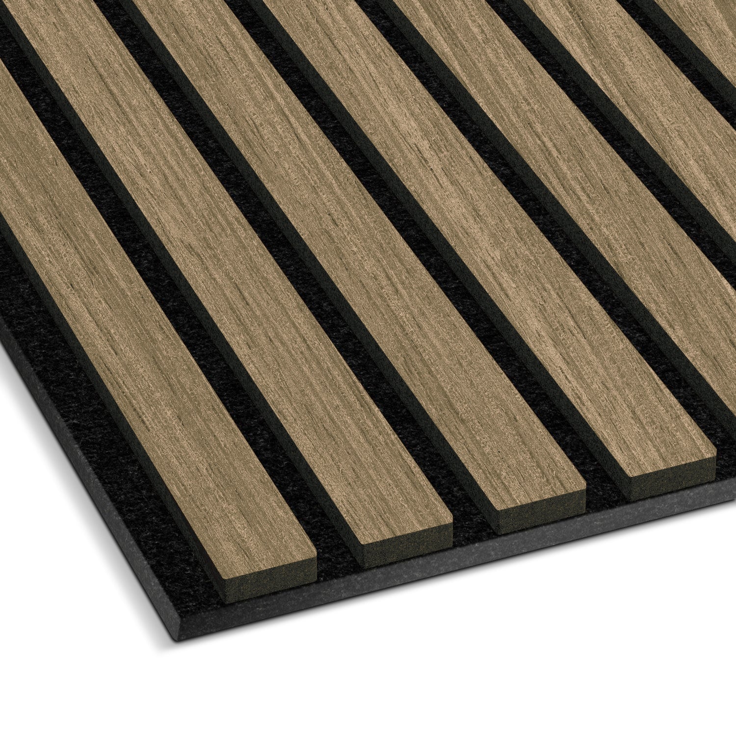 The Light Smoke Acoustic Slat Wall Panel by Landmark Decor features luxury real wood with vertical light brown slats on a dark base, creating a striped pattern against the contrasting black background, perfect for sophisticated interior design.