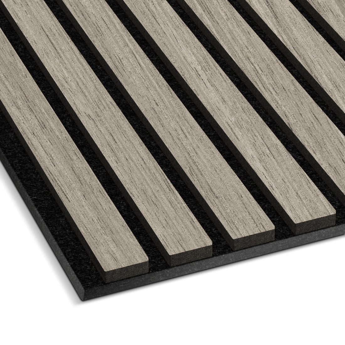 A close-up of Landmark Decors Light Gray Acoustic Slat Wall Panel showcases parallel real wood slats against a dark background. The light gray, textured surface creates a luxurious ambiance and elegantly contrasts with the dark base in an evenly spaced pattern.