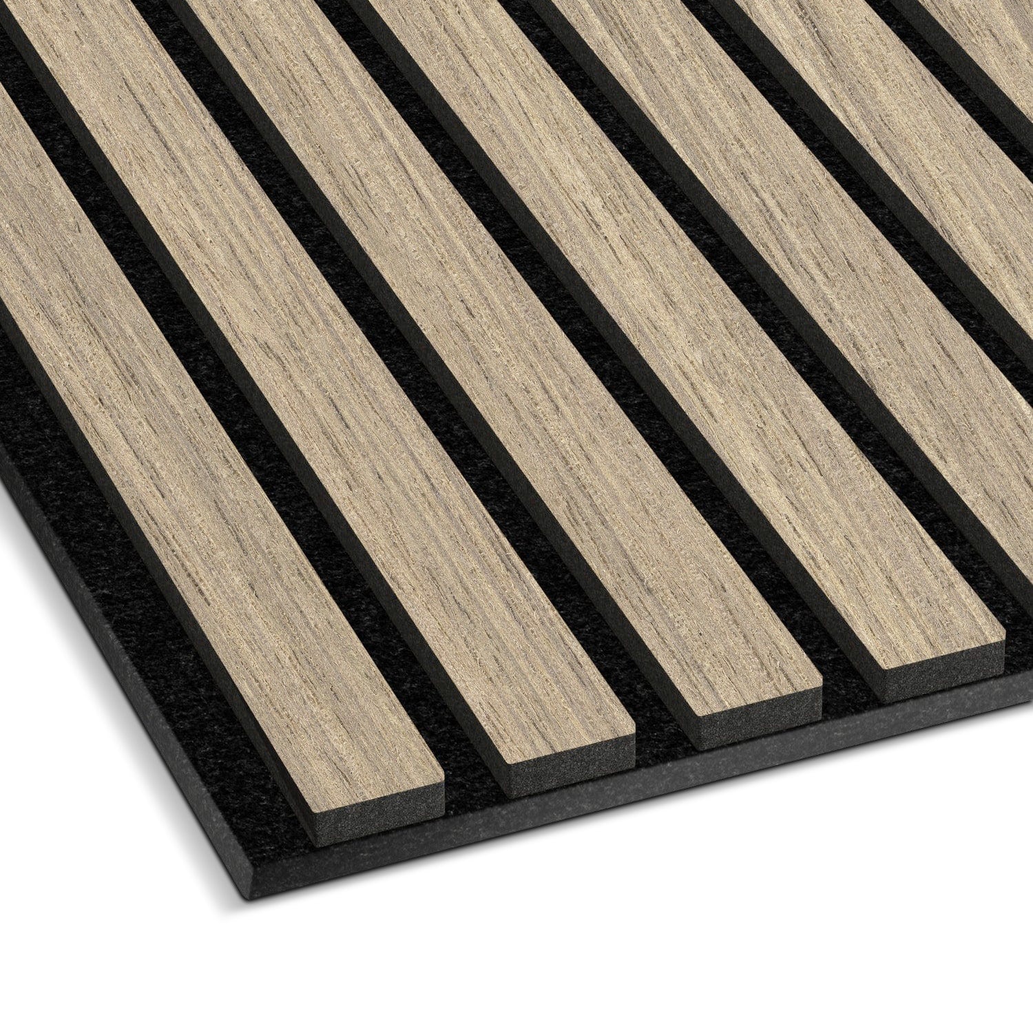 In a close-up view, the Light Oak Acoustic Slat Wall Panel by Landmark Decor showcases wooden slats on a dark backing board in a geometric pattern with alternating elevated and recessed sections, enhancing interior design and providing subtle soundproofing.