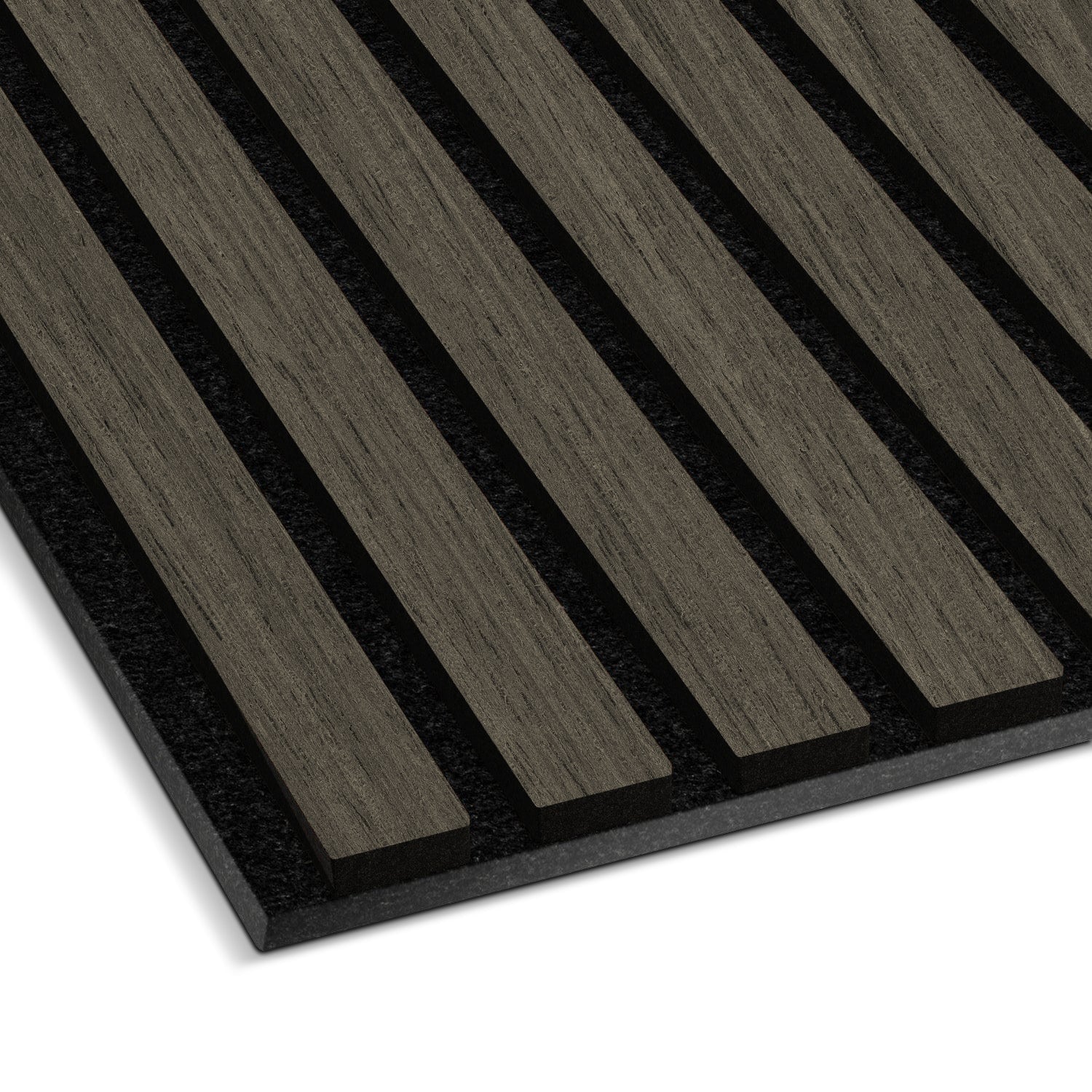 Close-up of the Landmark Decor Dark Gray Acoustic Slat Wall Panel with vertically raised dark gray strips on a textured white background. Made from real wood, it complements interiors and provides soundproofing.