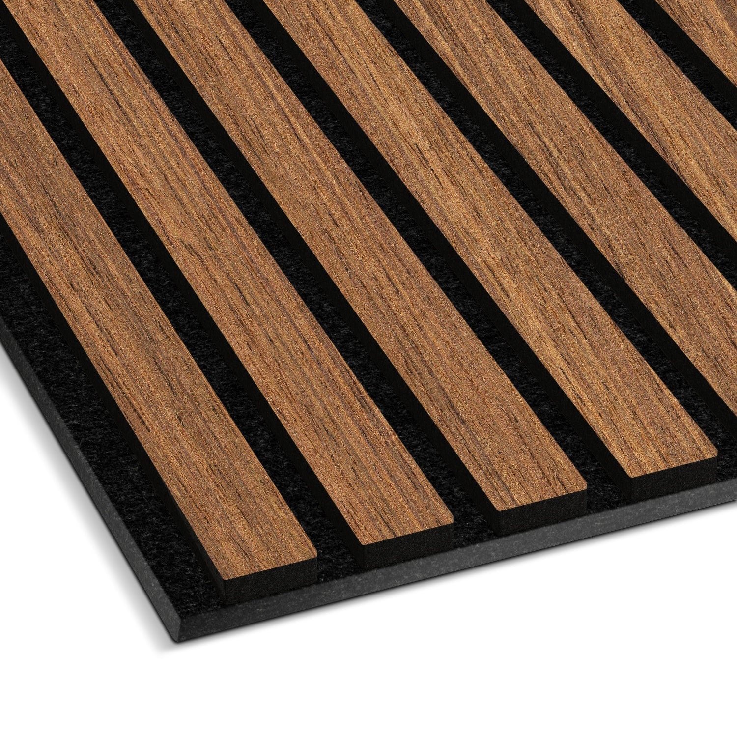 This close-up features Landmark Decors Light Smoke Oak Acoustic Slat Wall Panel with real wood and parallel slats on a black backdrop. The spaced vertical design offers a modern, minimalist aesthetic and potential soundproofing, ideal for chic interiors.
