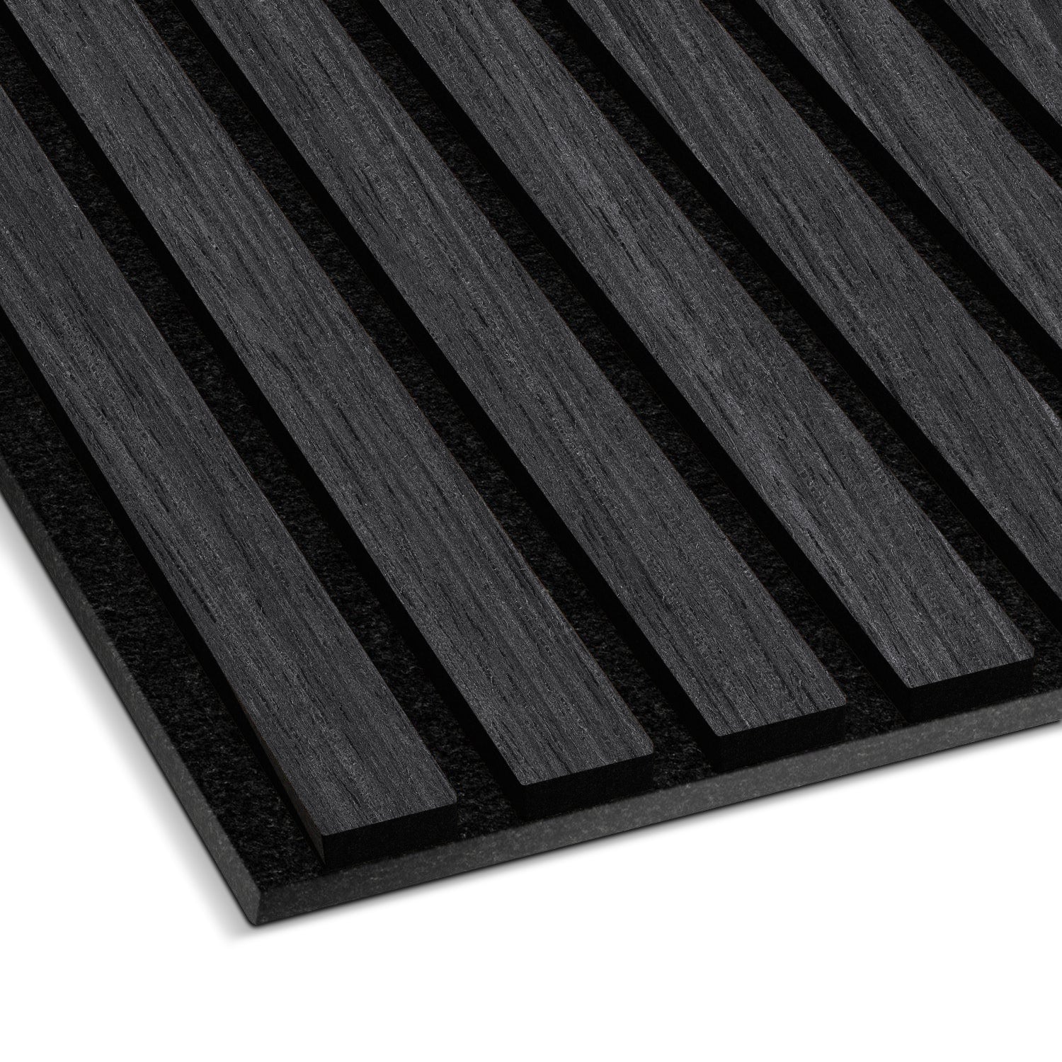 The Van Gogh Acoustic Slat Wall Panel by Landmark Decor, shown in a close-up view, features black vertical grooves that mimic luxury real wood. It rests on a flat surface, providing both style and soundproofing.