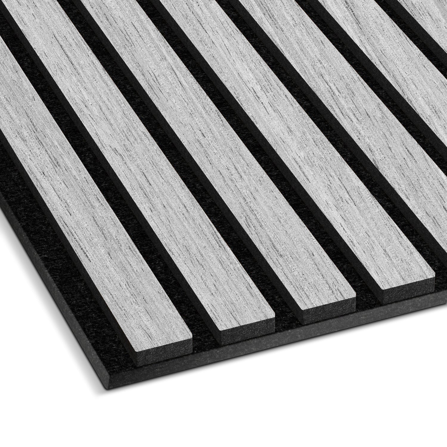 The Grey Oak Acoustic Slat Wall Panel by Landmark Decor features real wood slats in light gray, creating a striped pattern against a black base. This textured design serves decorative purposes and may enhance soundproofing in luxury interiors.