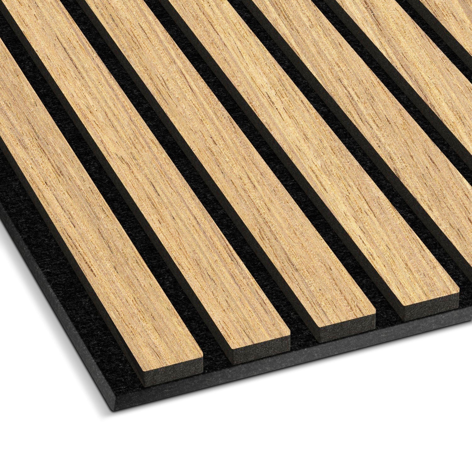 The Landmark Decor Natural Oak Wood Color Acoustic Slat Wall Panel features a close-up of parallel vertical slats on a black backing. Crafted from real wood, the light natural finish and evenly spaced slats create a patterned design, adding luxury to interior spaces.